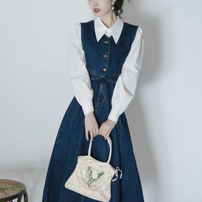 Damen Retro Anzug im Hong Kong Stil: Französisches Hemd & Weste Rock-Kombination für Frühling/Herbst, Denim-Ensemble