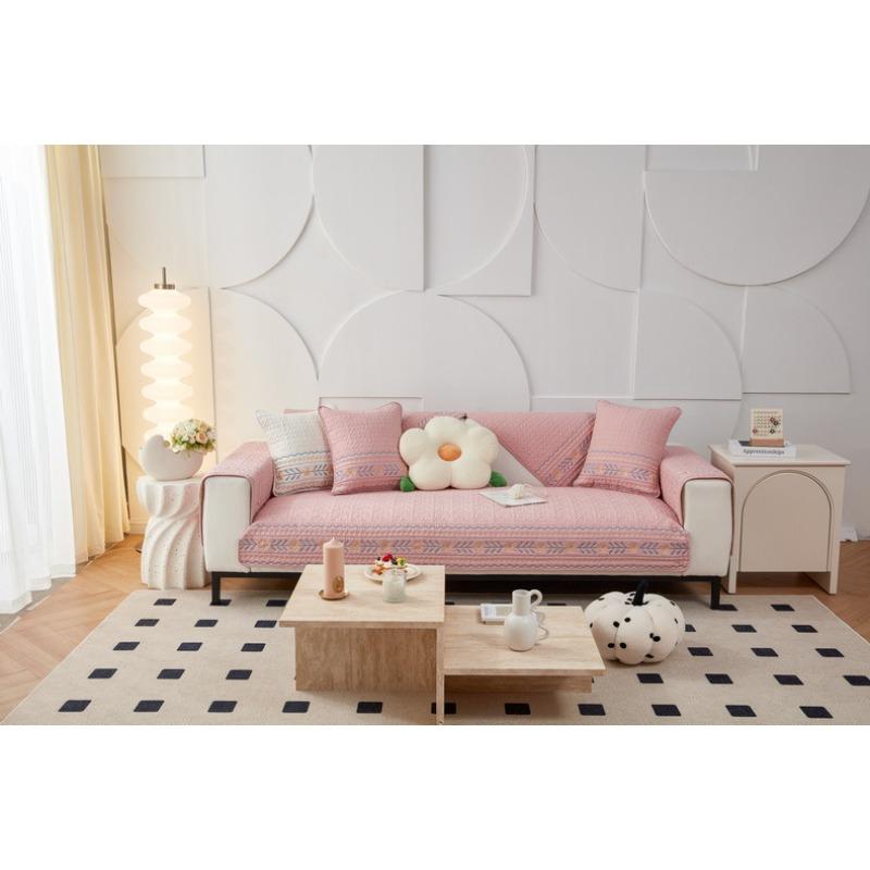 Four Seasons Universal Pure Cotton Fabric Sofa Cushion Non-Slip Simple Modern Embroidered Sofa Cover Backrest Cover Cloth Cover