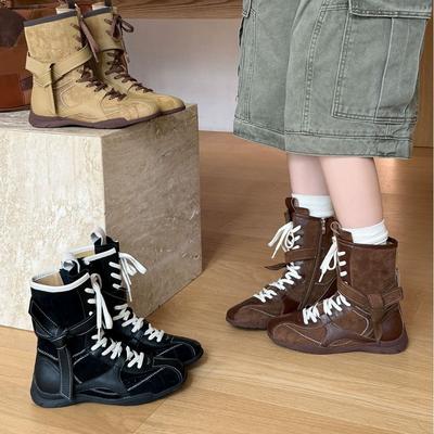 Cowhide Version Retro Fashion Martin Boots Casual Sports Short Boots Versatile Boxing Boots Round Head Mid-tube Western Boots Women