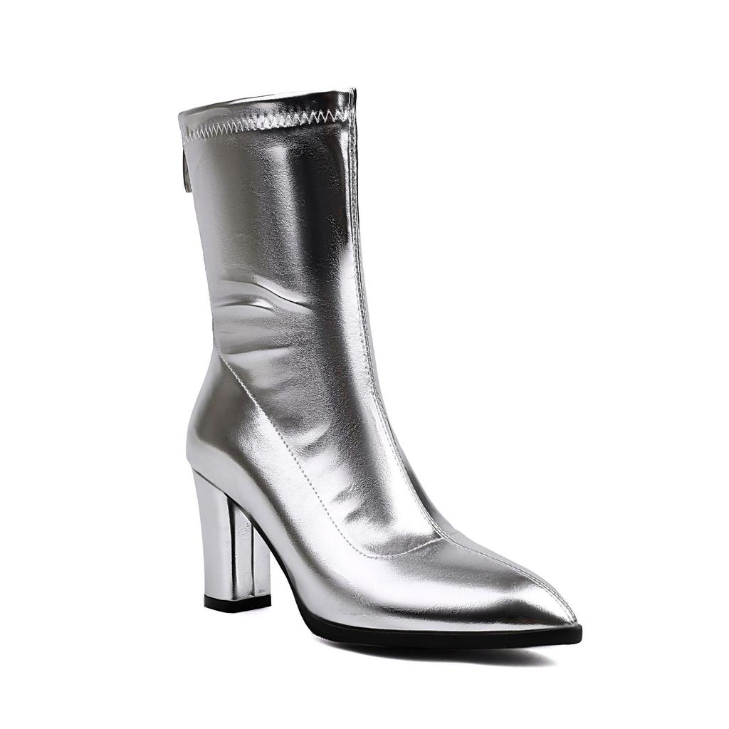 34-48 Skinny Boots Autumn and Winter Short Boots Elastic Legs Long Temperament Pointed French Heightening Thick Heel Elegant