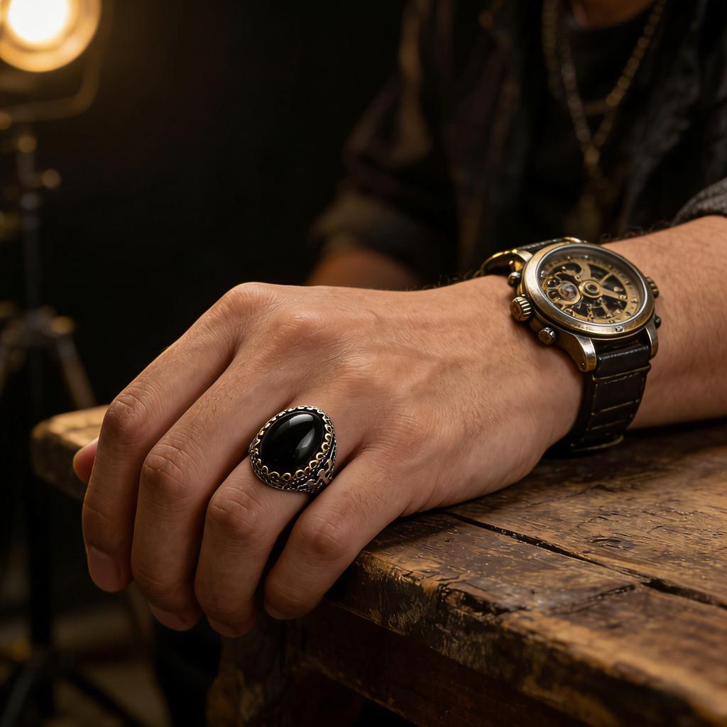 Vintage Men‘s Obsidian Signet Ring, 13x18mm Black Gemstone Set In Antiqued Silver, Masonic Style Bold Jewelry for Him