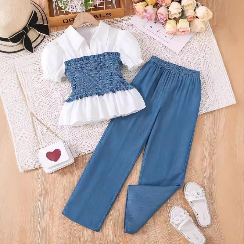 

New Summer Children s Clothing Fashionable Girls Tops + Wide-leg Pants Two-piece Suit for Older Children 7-8Y