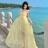 French Yellow Suspender Tube Top Dress Women's Summer Seaside Vacation Irregular Beach Long Skirt