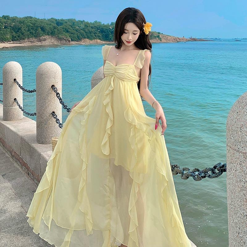 French Yellow Suspender Tube Top Dress Women's Summer Seaside Vacation Irregular Beach Long Skirt