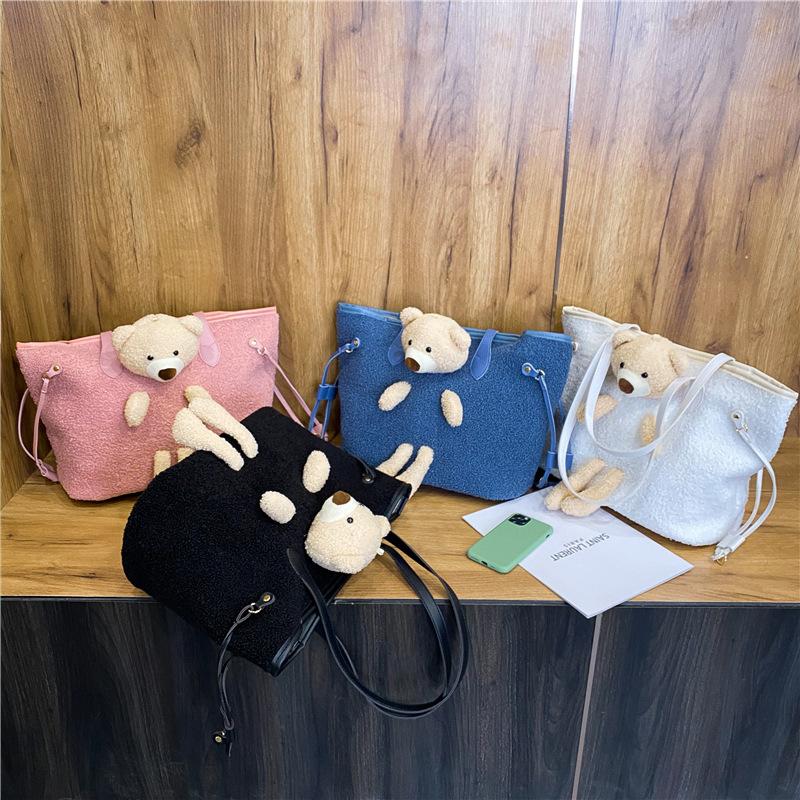 Dámská taška přes rameno Bear Velkokapacitní semišová kreslená taška Plyšová taška