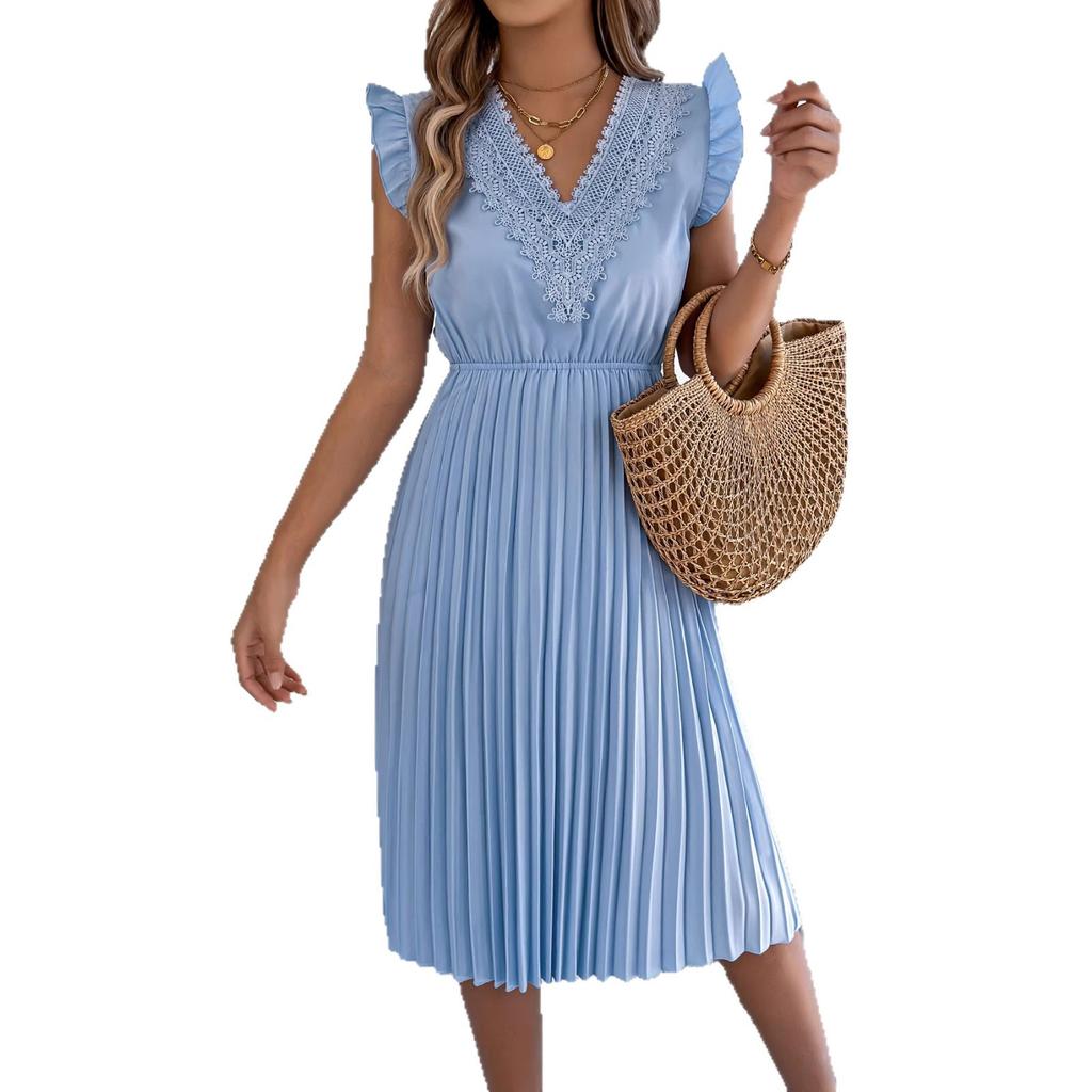 Women Solid Color Casual Lace V Neck Ruffled High Waist Pleated Sleeveless Long Dress