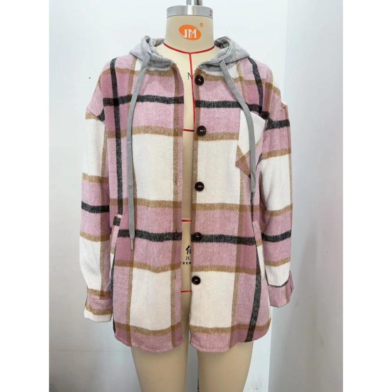 Autumn and Winter Hooded Casual Jacket Mid Length Checkered Women's Blouses & Shirts