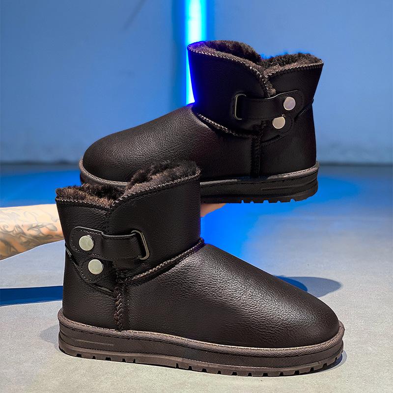 Winter Leather Waterproof Snow Boots Men's Cotton Shoes Non-slip and Warm Thickened Velvet Short Tube Thick-soled Comfortable Men's Cotton Boots