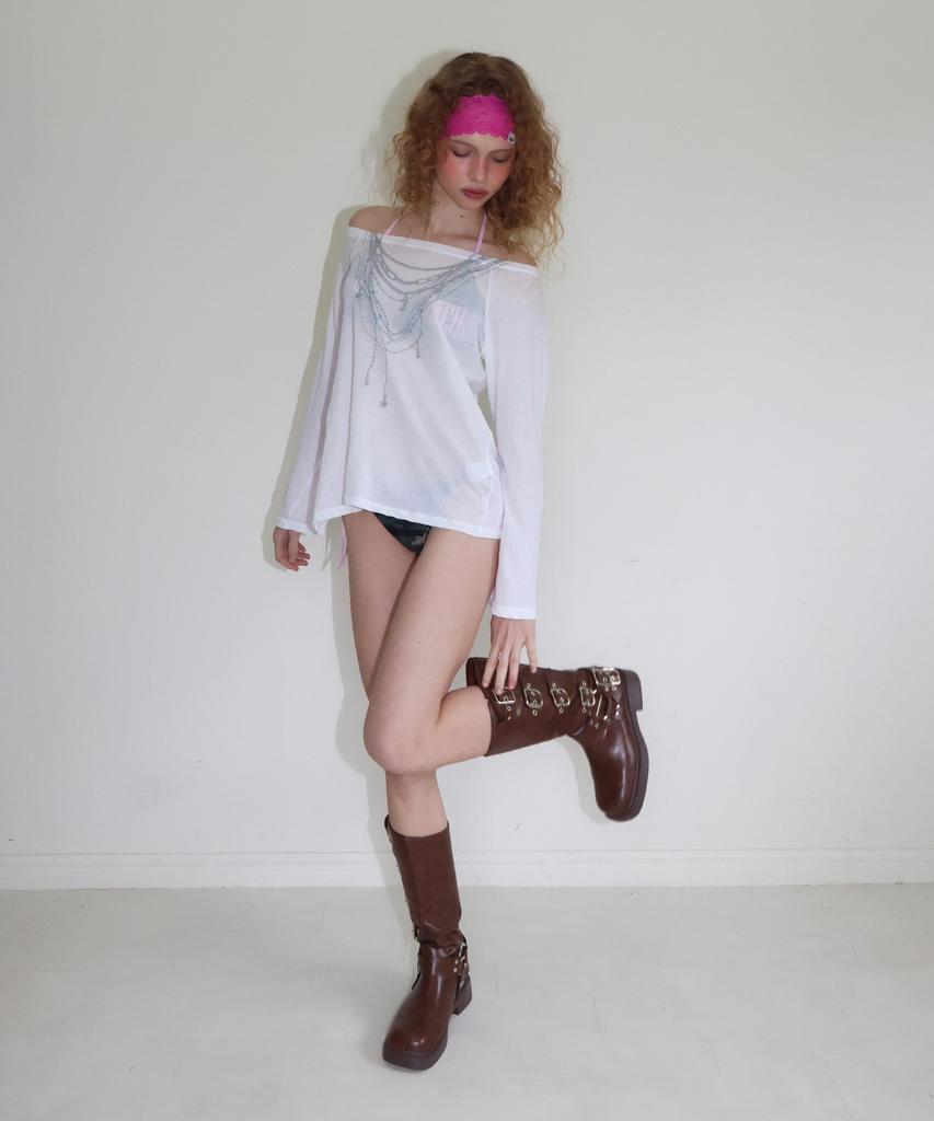 CRANK Sheer Necklace Off-Shoulder Top_White