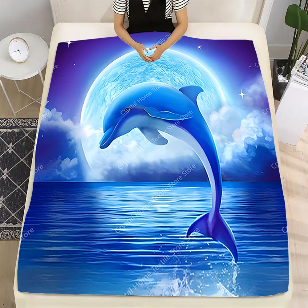Dolphins Under The Moonlight Flannel Blanket Soft Warm Throw Blanket Lunch Break Blanket For Couch Sofa Office Bed Camping Trave