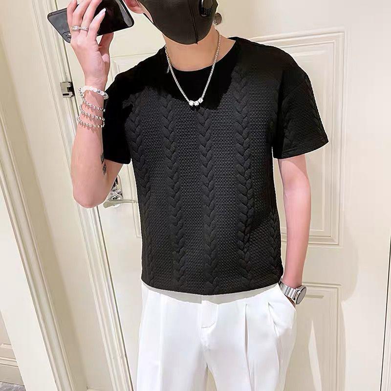 

Летняя однотонная футболка мужская, бренд Ins Tide, в трехмерную полоску, с короткими рукавами, тренд с половиной рукава, тренд с половиной рукава S чёрный