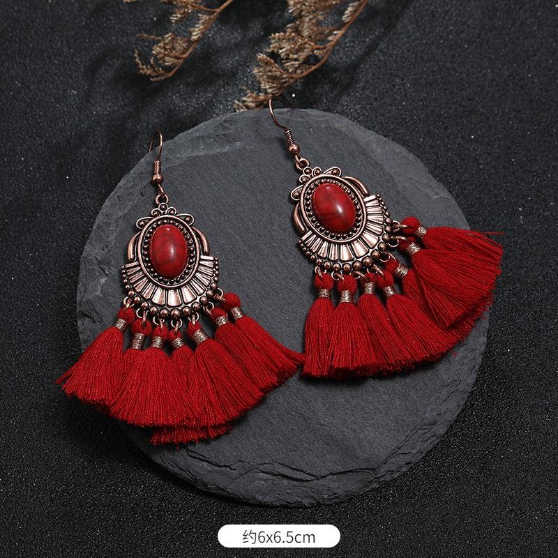 Vintage Bohemian Red Tassel Earrings Female Long Temperament Earrings Vacation Photography Bridal Earrings