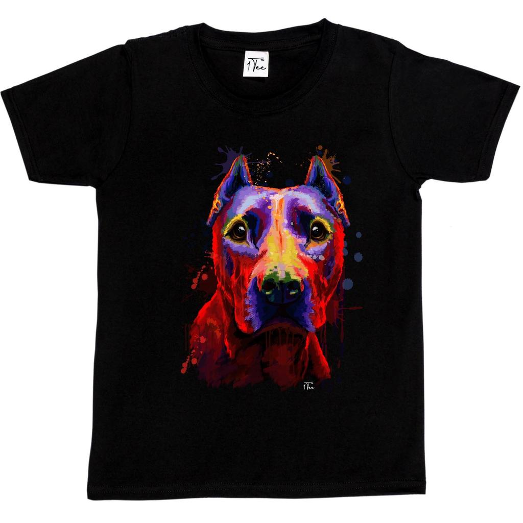 1Tee Kids Girls Watercolour Splash Pit Bull Dog T-Shirt