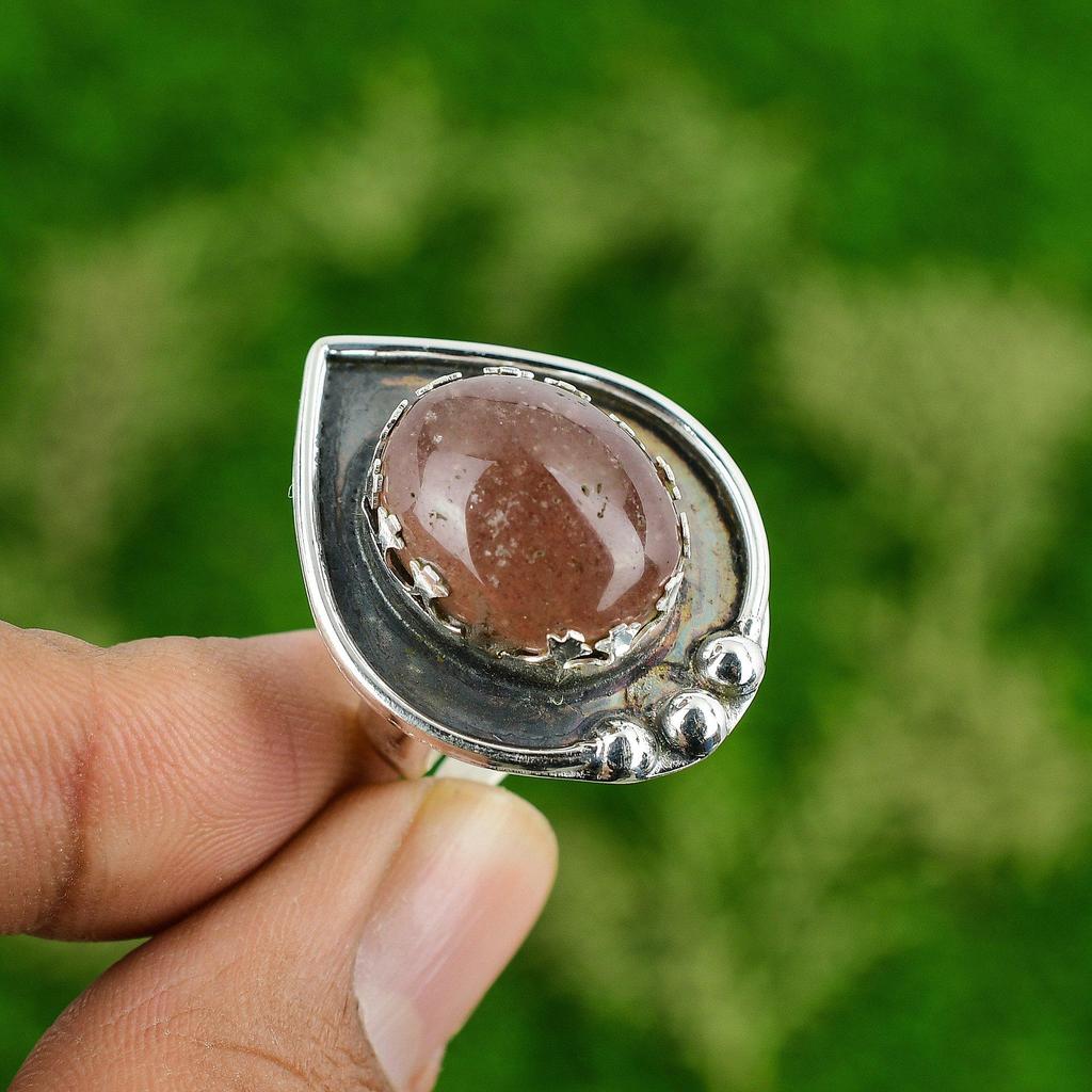 Gift For Her 925 Silver Natural Strawberry Quartz Promise Adjustable Ring