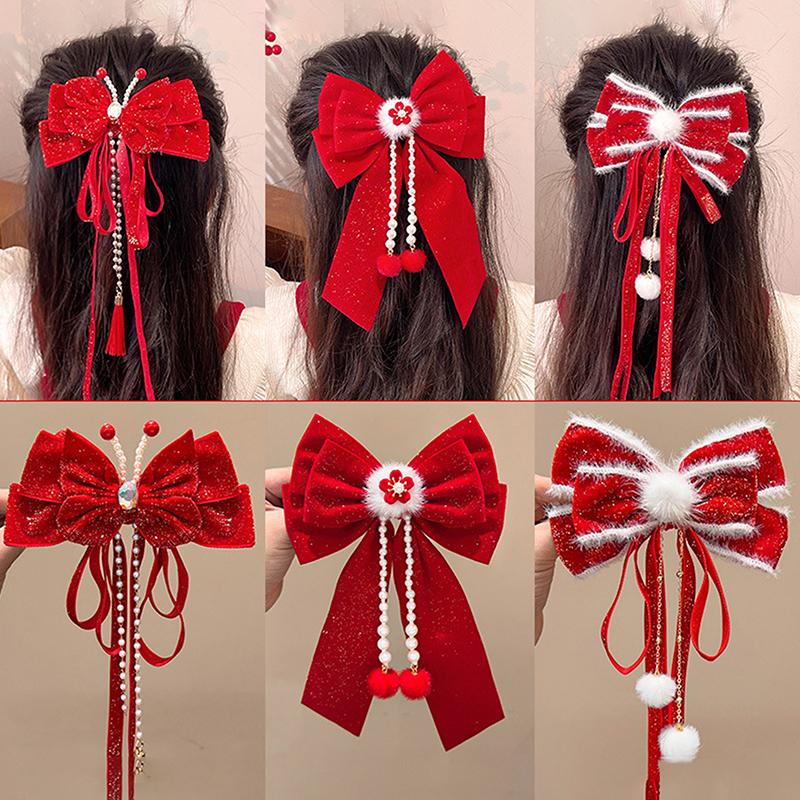 Rote Schleife Band Haar Clip Jahr Haarnadel Kawaii Haar Zubehör Für Frauen Mädchen Frühling Festival Haar Ornament