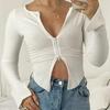 VAYLA Women T-shirt Spring Autumn Clothes Ribbed Knitted Long Sleeve Crop Tops Zipper Design Tee Sexy Female Slim Black White Tops