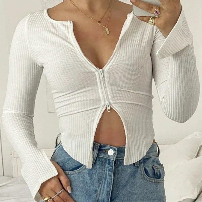 VAYLA Women T-shirt Spring Autumn Clothes Ribbed Knitted Long Sleeve Crop Tops Zipper Design Tee Sexy Female Slim Black White Tops