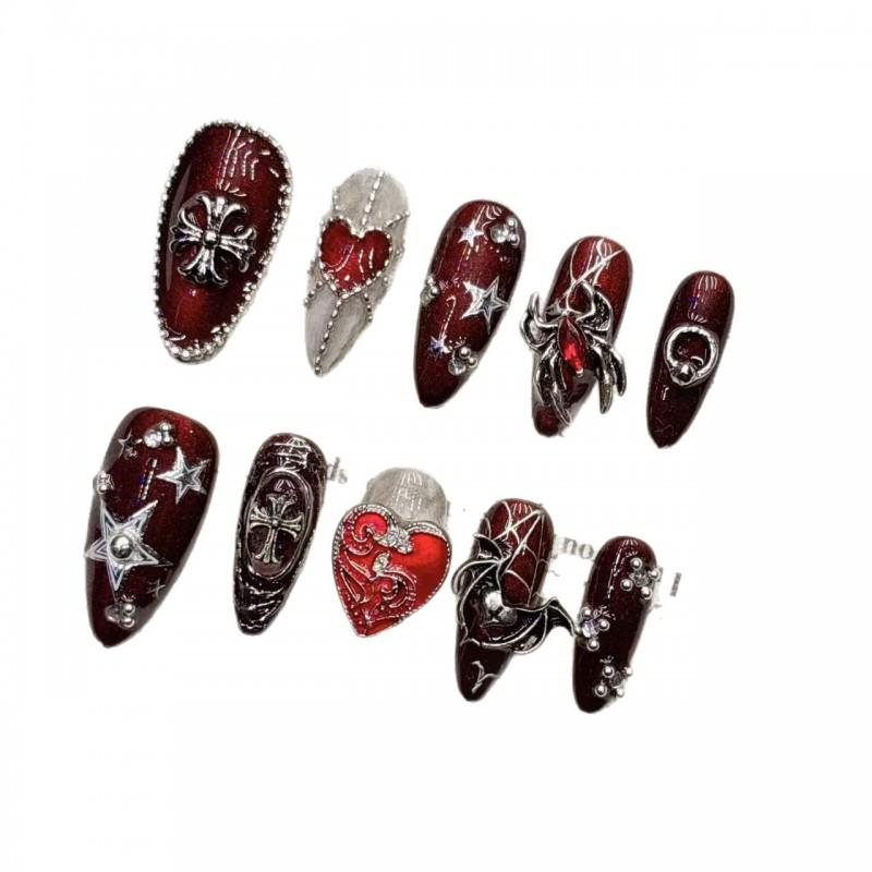 Handmade Gothic Dark Red Metal Embellished Nail Art Tips Women Teens - Cross Tulip Floral Leopard Star Design