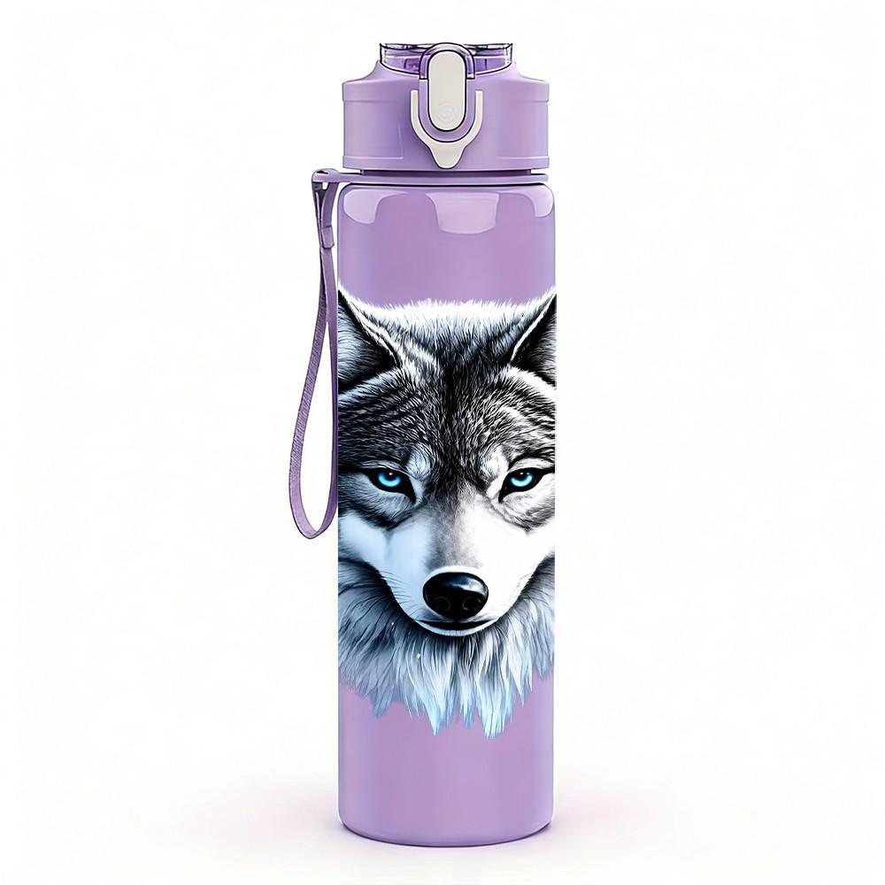1PC Grey Wolf Head Portrait 750ml Color Plastic Sports Water Bottle Leakproof Flip Straw Lid Suitable for Sports Office Home Use