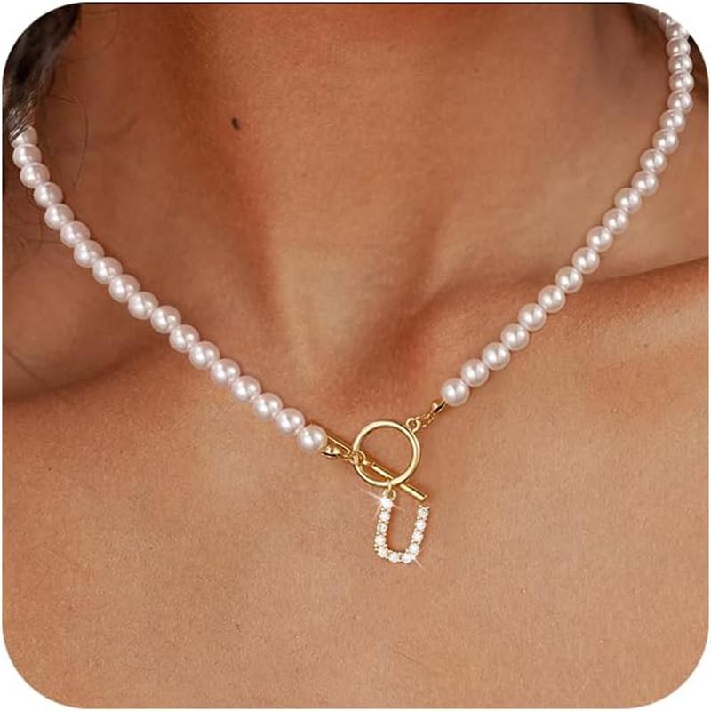 Rhinestone Letter Imitation Pearl Choker Necklace For Women Gold Plated Crystal Initial Pendant Necklace