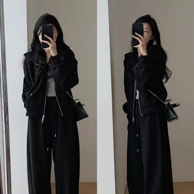 Women's Autumn & Winter Casual Sweatshirt & Wide-Leg Pants Set - Hong Kong Style Slimming Hooded Running Two-Piece