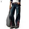 Damen Retro High Waist Wide Leg Floral Print Lange Lockere Jeans Hosen