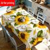 2D Flat Printing, 1pc, Sunflower Theme Printed Tablecloth, Polyester Material, Off-White Background, Bright Yellow Petals, Dark Brown Center with Emer