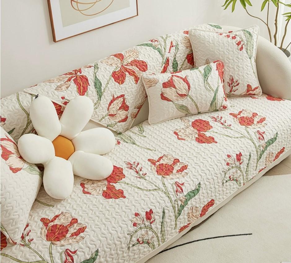 Four Season Universal Sofa Mat Cotton Anti Slip Backrest Armrest Decorative Dust Cover Thick Quilted Sofa Cover For Living Room