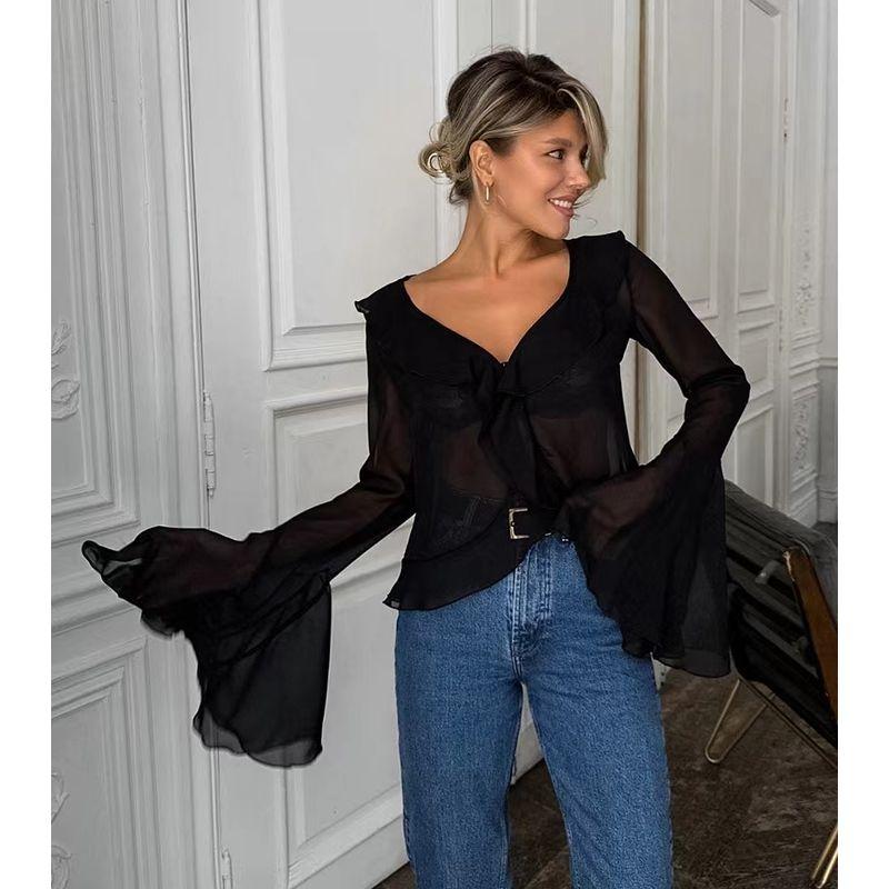 Fashion Style Summer Black Sexy V-neck Chiffon See-through Shirt V-Neck Flared Sleeve Shirt