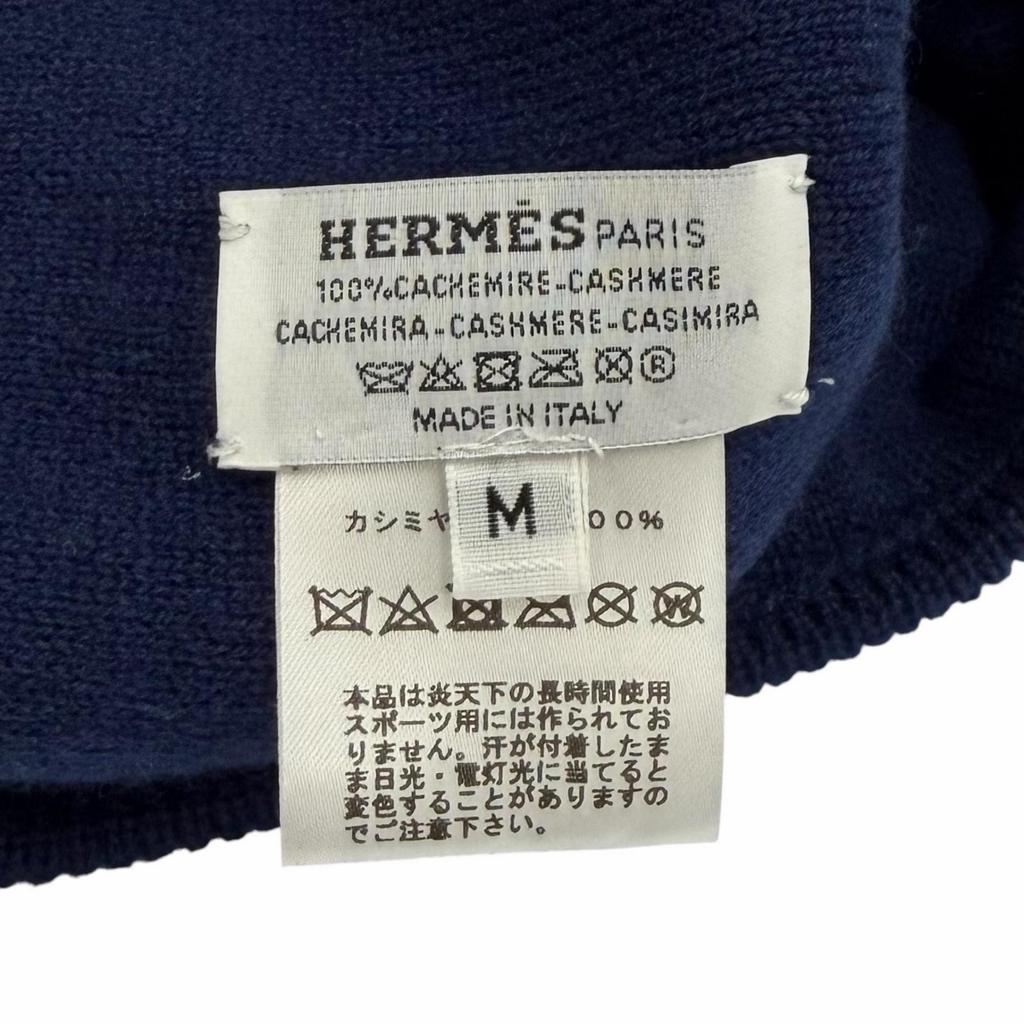 Excellent HERMES Knit cap H232019N H-pattern Hope Beanie Navy cashmere Women M Used