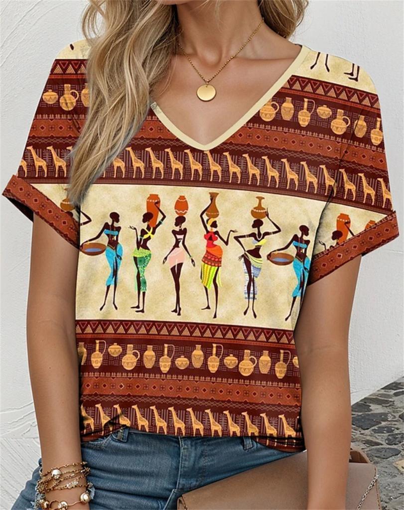 3d Floral Print T-shirt Ladies V-neck T-shirt Casual Summer Outdoor Short-sleeved Blouse Ladies Retro Street Wear