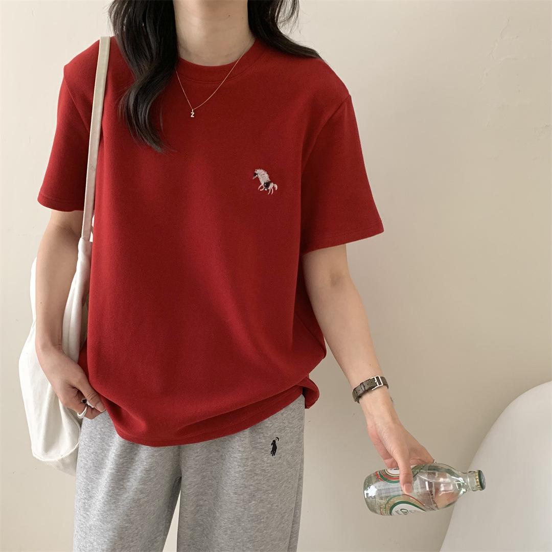Spring 2026 Embroidered Little Horse Short Sleeve T-Shirt - Versatile and Thickened Medium красный