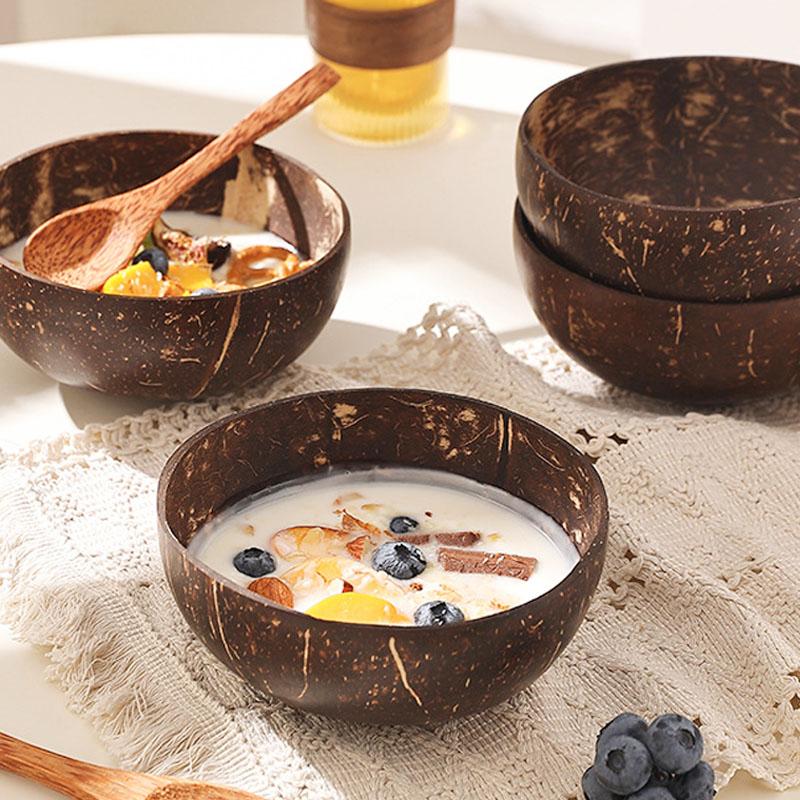 Coconut Shell Bowl Natural Old Coconut Shell Wooden Rice Bowl Spoon Fruit Product Dining Salad Storage Bowl Kitchen Tableware