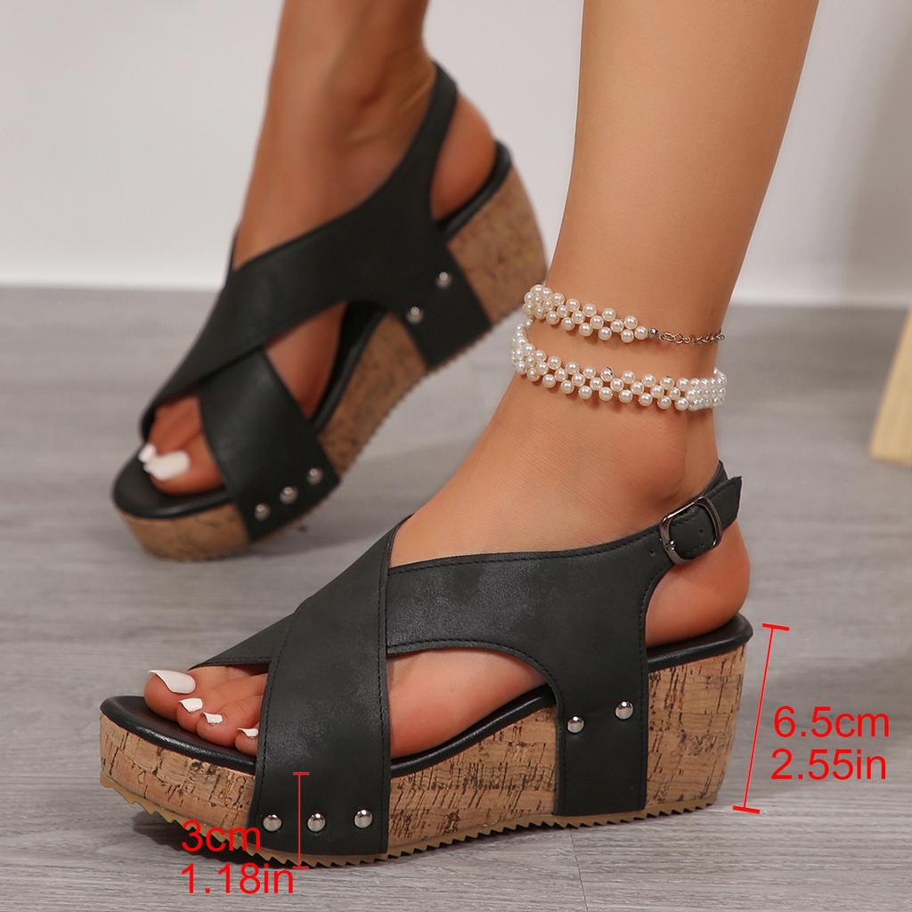 Sandali Zeppa da Donna con Suole Spesse e Borchie Incrociate, Sandali con Tacco Alto e Punta Aperta per l'Estate