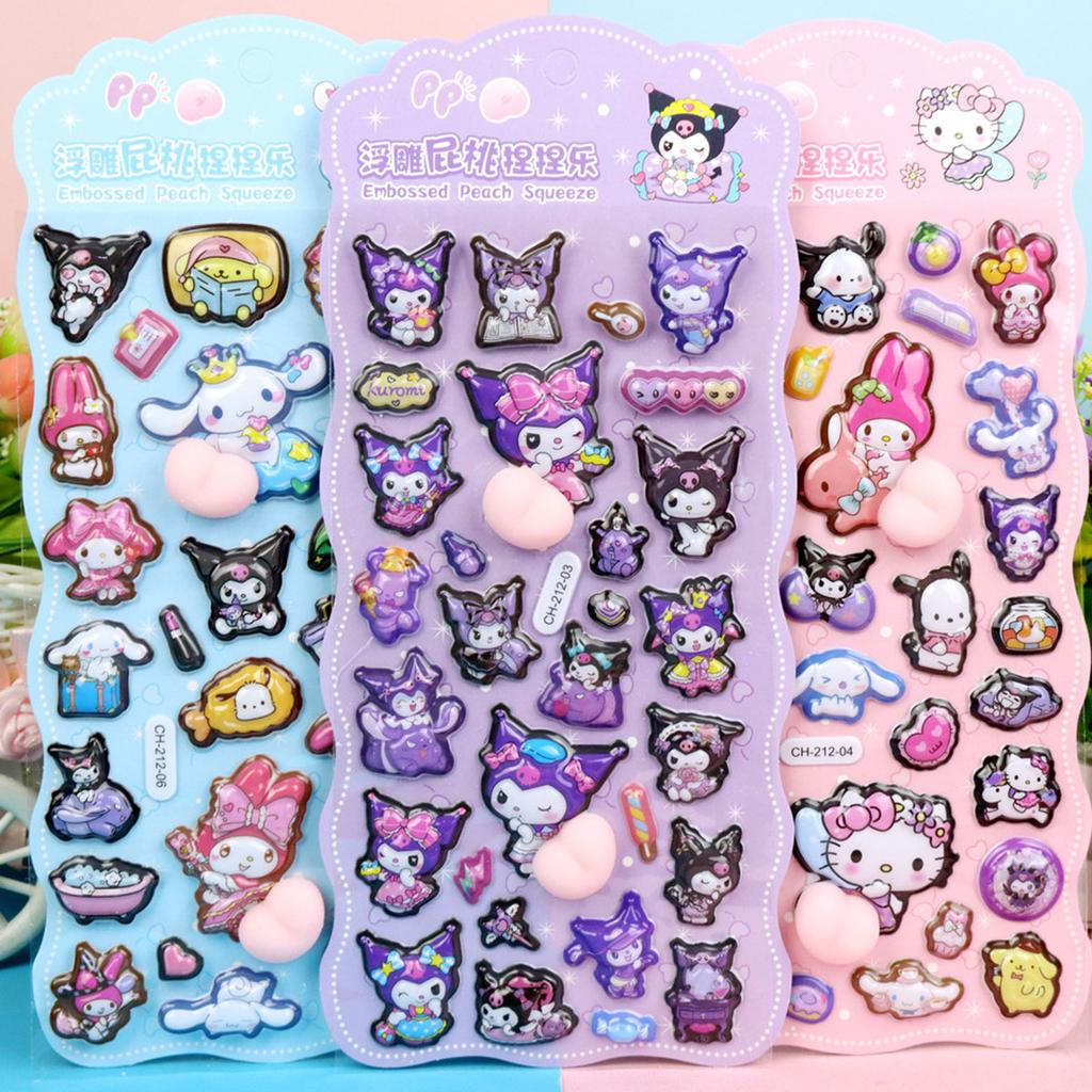 4/6 Pcs Cute Sanrio Butt Stickers My Melody Kuromi Cinnamoroll 3D Relief Sticker Kawaii Stress Relief Puffy Squishy Decals
