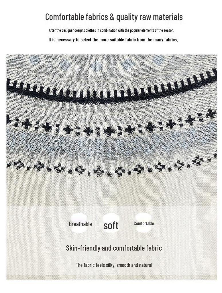 Fair Isle Retro Jacquard Tencel Short Sleeve Knit Top for Mothers - Summer New Arrival for Mid-Aged and Elderly Women