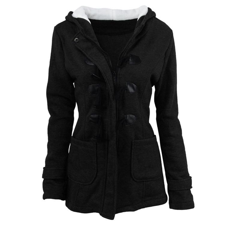 Winter Women Coat Hooded Thick Cotton Blend Jacket Cow Horn Button Autumn