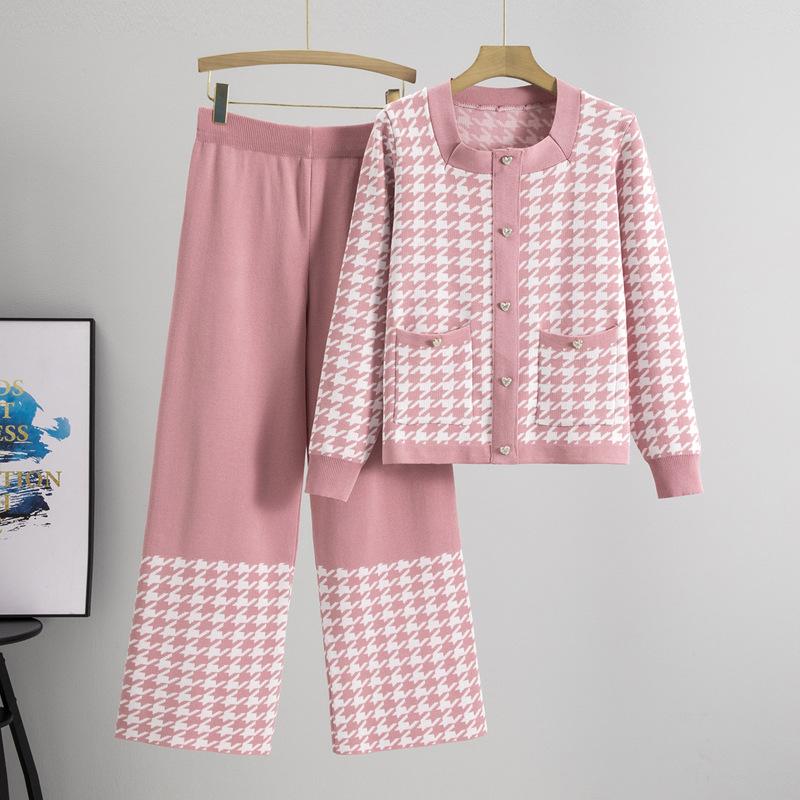 

Модный повседневный костюм женский осень 2025 новый с длинным рукавом клетка «гусиная лапка» комплект из двух предметов One size розовый