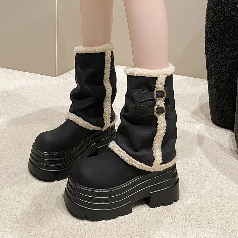 Fashion 2026 Designer Women Mid Calf Boots Faux Fur Chunky Block High Heels Autumn Winter Shoes Metal Decor Black White Ladies