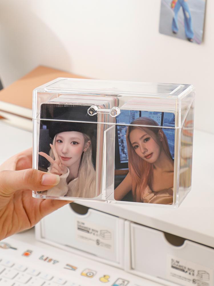 Clear Acrylic Small Card Storage Box - 2-Compartment Flip Top Display Card Case for K-Pop Photocards Anime Collectibles