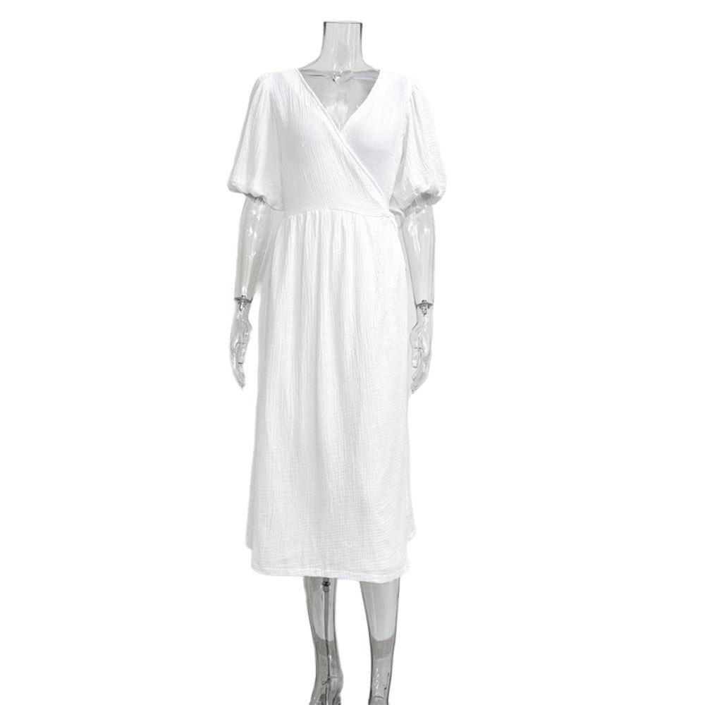 V-Neck Puff Sleeve Solid Color Long Dress – French Style Women's Fashion