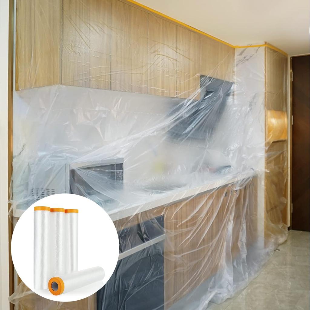 Pre-Taped Masking Film, Clear Plastic Sheeting Plastic Drop Cloths For Painting, Automotive Appliance, Plastic Sheeting Cove