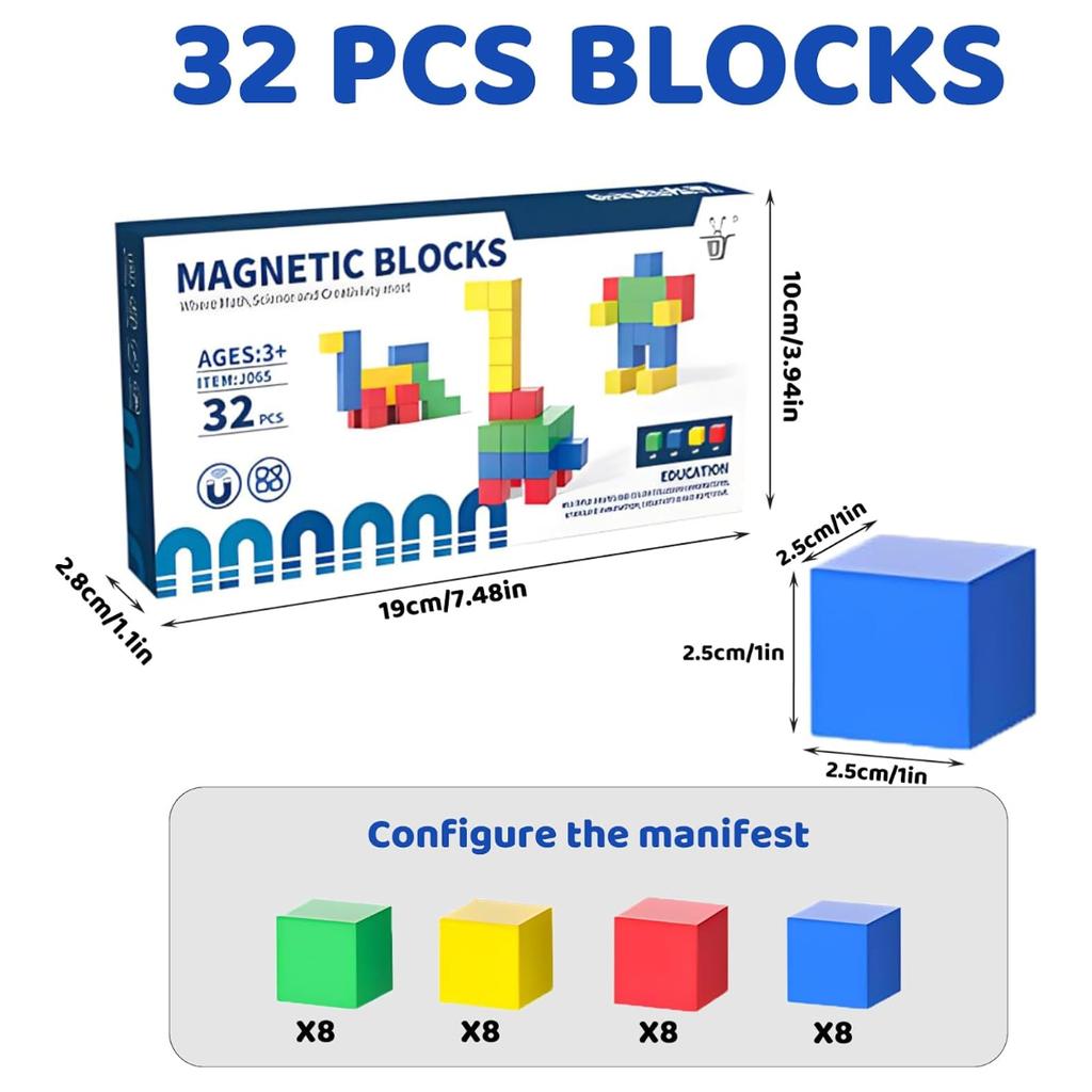 32-Pcs Magnetic Blocks, Montessori-Style 3D Color Building Toys. Educational Construction Cubes for Kids Aged 3+, Perfect Gift