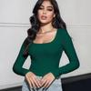 Women's Threaded Slim Fit Long Sleeve Square Neck T-shirt for Women S-XL Belly Button Top