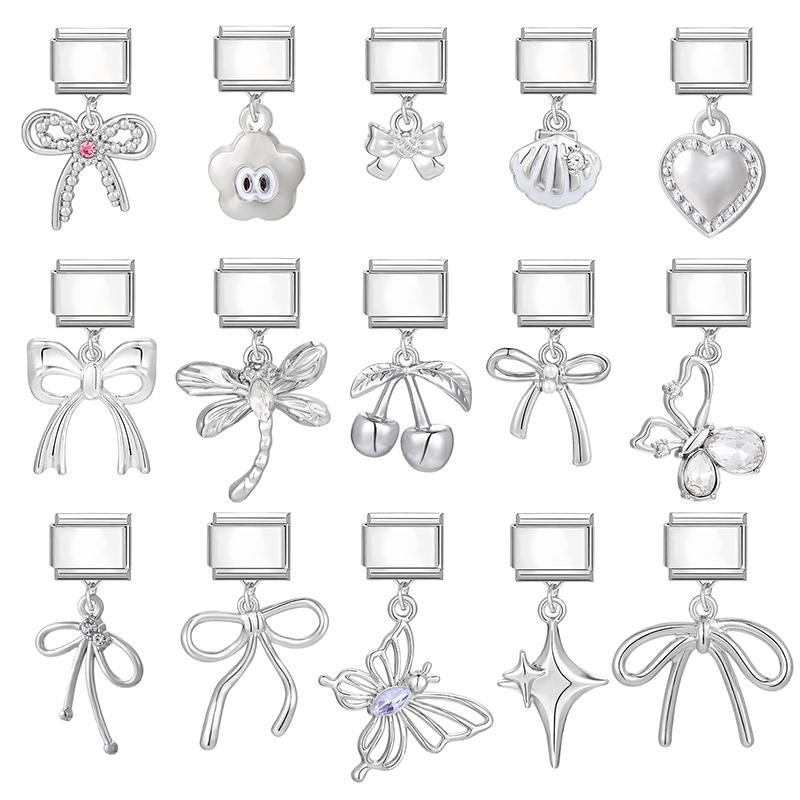 New Bow Crown Butterfly Heart Key Cherry Pendant Italian Charm Link Stainless Steel Fit 9MM Bracelet Women Men DIY Making Gifts