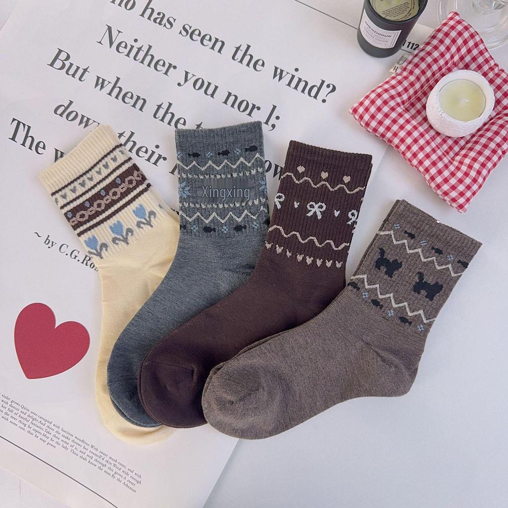 Women's Retro Fair Isle Mid-Calf Slouch Socks: Warm Ethnic Style for Autumn & Winter