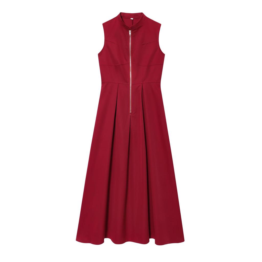 European-Style 2025 Spring Women's Sleeveless Waist-Hugging Round Neck Midi Dress