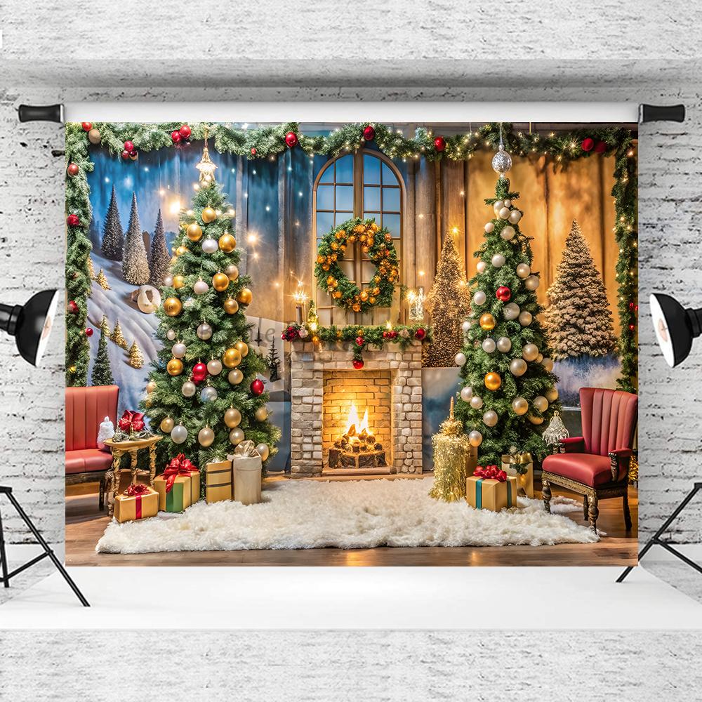 Beenle Christmas Photography Backdrop Xmas Tree Fireplace Gifts Family Party Decor Kids Portrait Background Decor Photo Studio