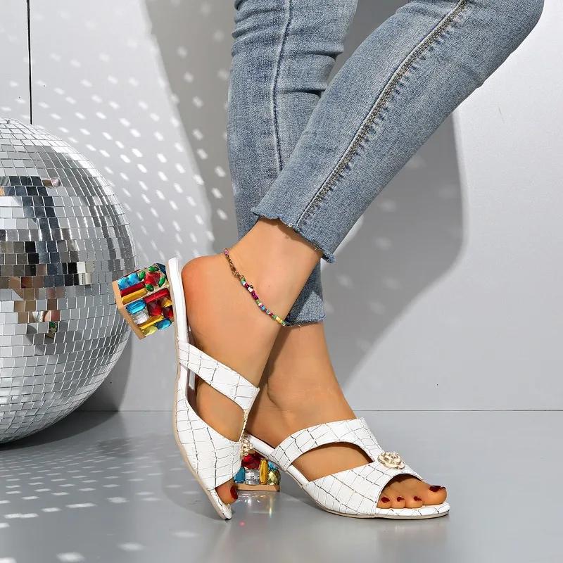 Plus Size 2025 Summer New Open Toe Women's Slippers Floral Rhinestones Chunky Heels Sandals Elegant Daily Dress Slippers