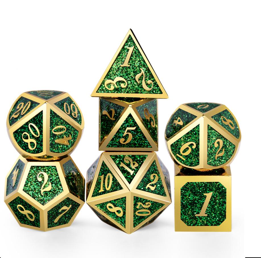 

Набір кубиків DND, Кубики для Dungeons and Dragons з металевим набором кубиків D20 для кубиків D і D або рольових RPG настільних ігор MTG, Shadowrun Pathfinder зелений/золотий
